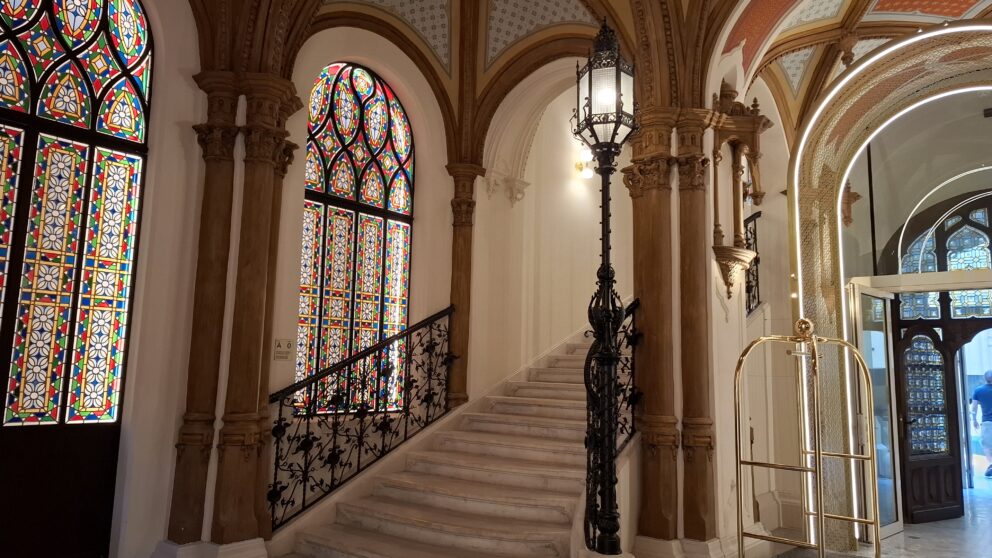 Historic staircase and stained glass at the W Budapest Hotel