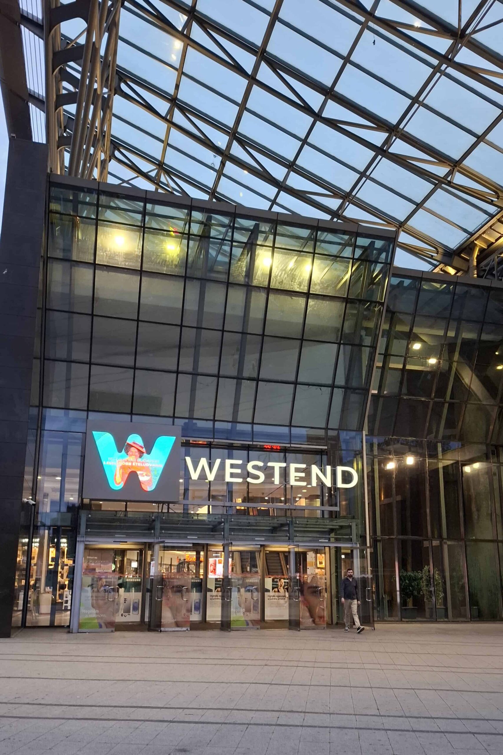 The modern glass and steel exterior facade of Westend City Center in Budapest