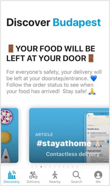 A mobile interface showing a safety notification about contactless food delivery at your door