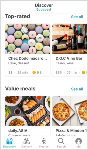 The Wolt application Discover Budapest homepage showing top-rated restaurants and value meals