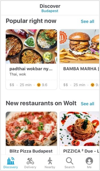The Wolt app highlighting popular restaurants like padthai wokbar and new pizza places