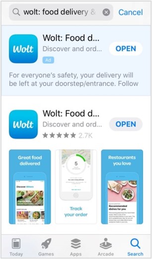 The Apple App Store search results showing the official Wolt food delivery app