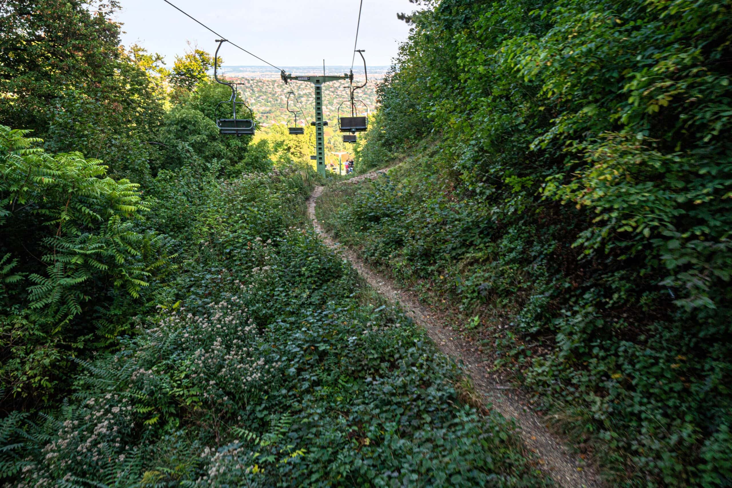 View from the Zugliget chairlift (Libego) as it ascends through the green woods of the Buda Hills towards the city panorama.