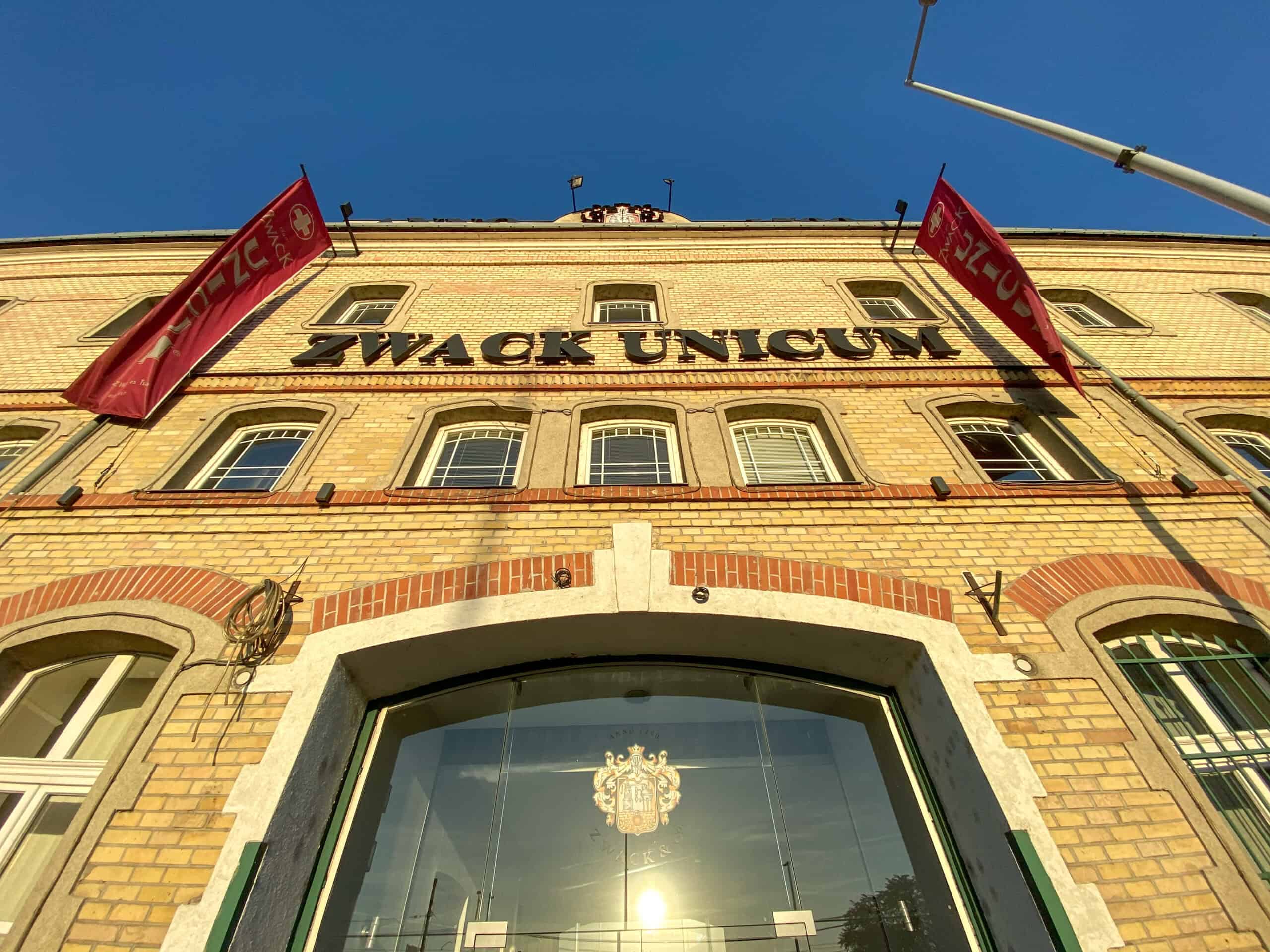 The historic brick exterior of the Zwack Unicum factory in Budapest